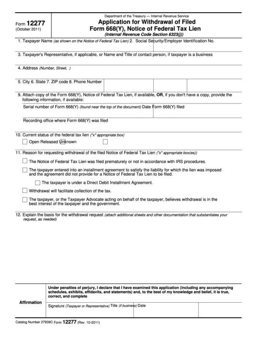 Fillable Form 12277 - Application For Withdrawal Of Filed Form 668, Notice Of Federal Tax Lien Printable pdf