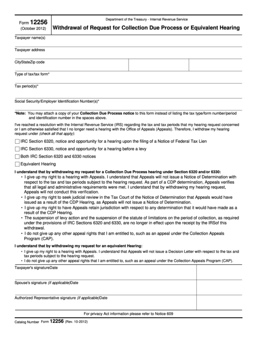 Fillable Form 12256 - Withdrawal Form For A Request For Collection Due Process Or Equivalent Hearing Printable pdf