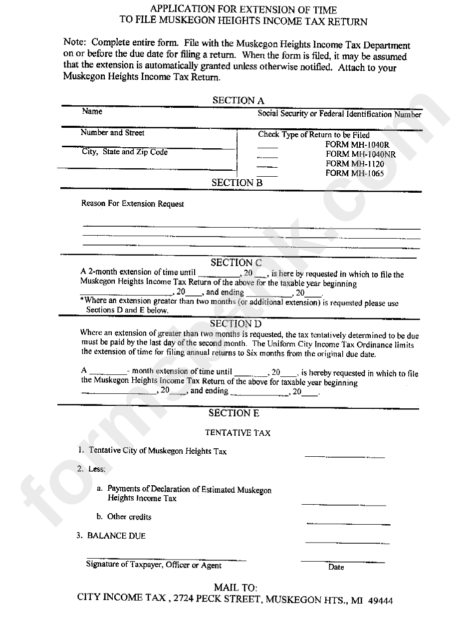 Application Form For Extension Of Time To File Income Tax Return - Muskegon Heights