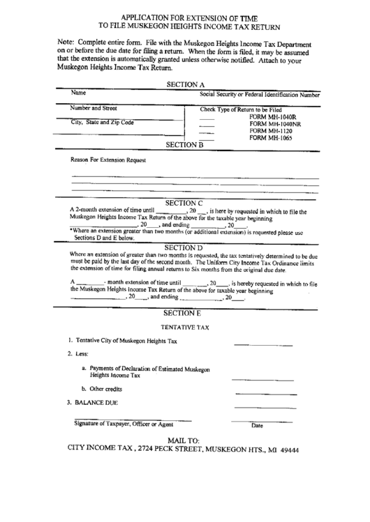 Application Form For Extension Of Time To File Income Tax Return - Muskegon Heights Printable pdf