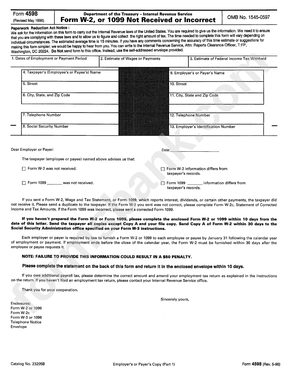 Form 4598 - Form W-2 Or 1099 Not Received Or Incorrect