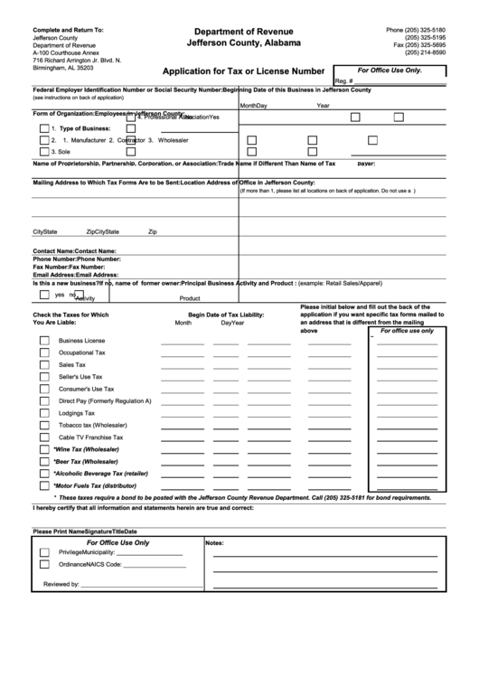 Application Form For Tax Or License Number - Jefferson County Printable pdf