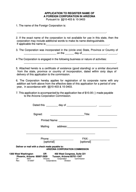 Form Cf: 0057 - Application Form To Register Name Of A Foreign Corporation Printable pdf