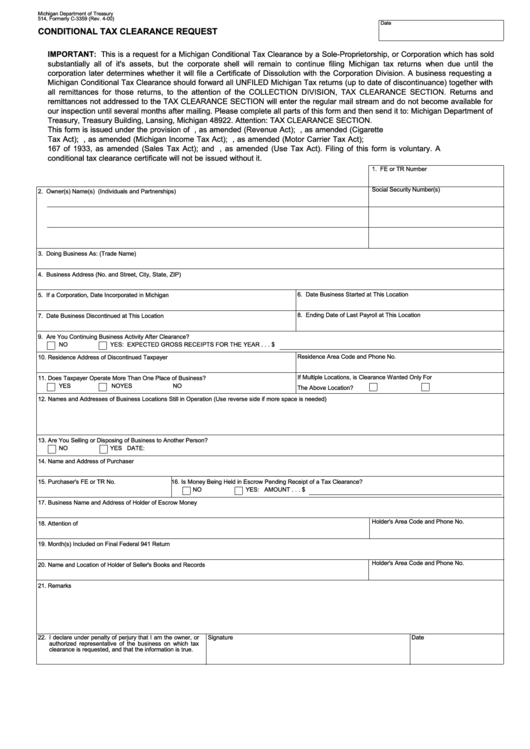Fillable Form C-3359 - Conditional Tax Clearance Request Printable pdf