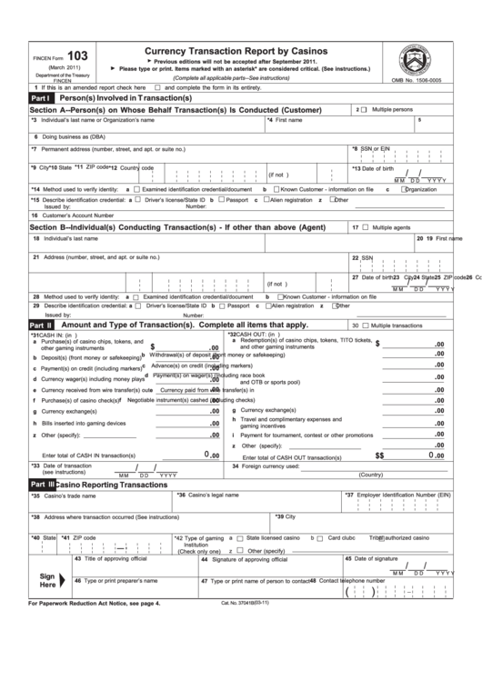 Fillable Fincen Form 103 - Currency Transaction Report Form By Casinos Printable pdf