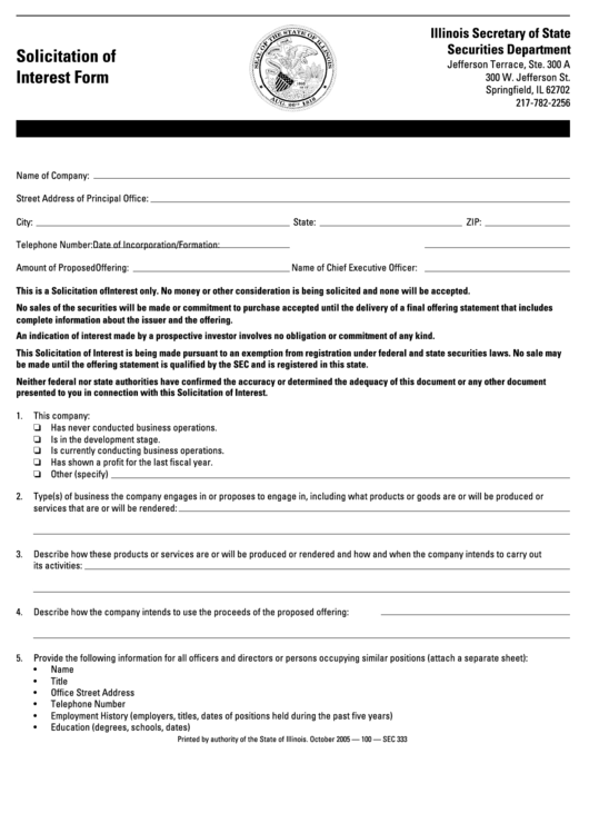 Solicitation Of Interest Form - State Of Illinois Printable pdf