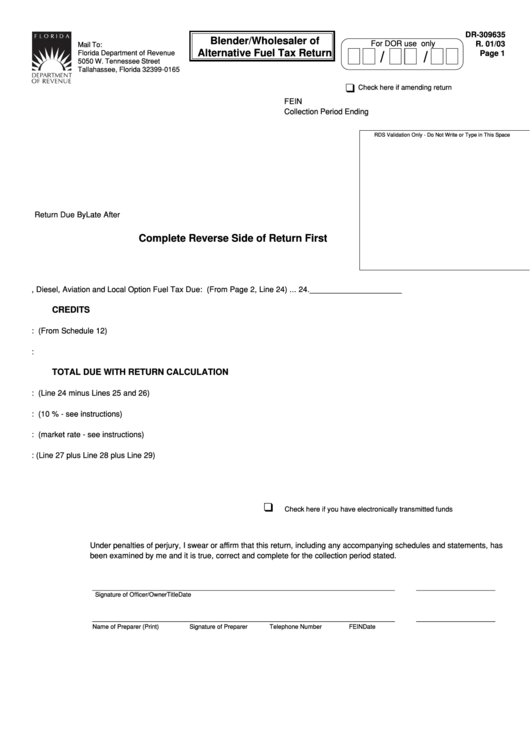 Form Dr 309635 - Blender/wholesaler Of Alternative Fuel Tax Return Printable pdf