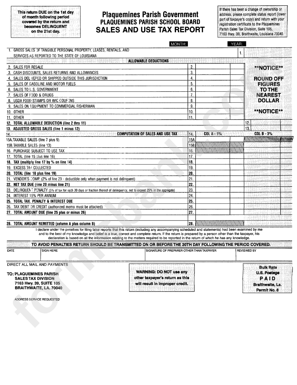 Sales And Use Tax Report Form - Plaquemines Parish Government