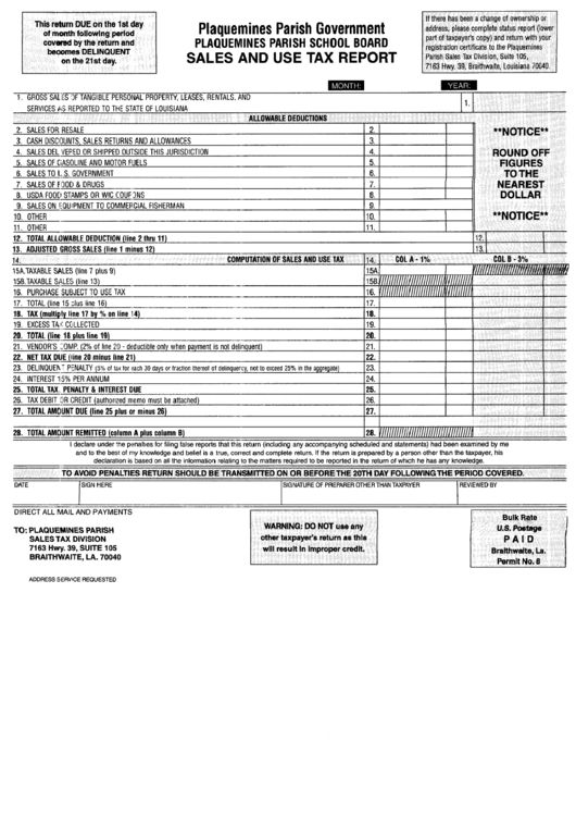 Sales And Use Tax Report Form - Plaquemines Parish Government Printable pdf