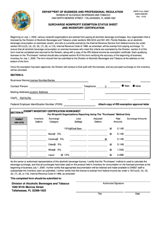 Dbpr Form Ab&t 4000a-005exm - Exempt Inventory Certification Worksheet - Printable pdf