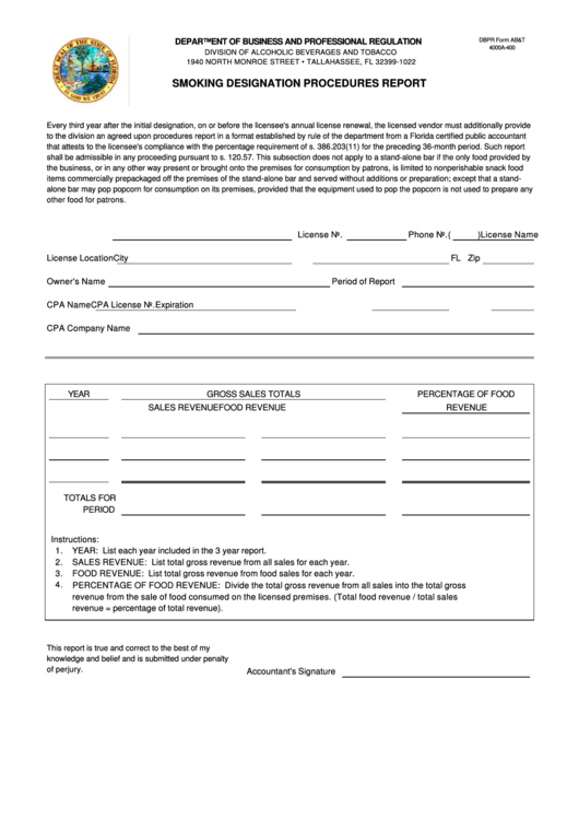 Dbpr Form Ab&t 4000a-400 - Smoking Designation Procedures Report Printable pdf