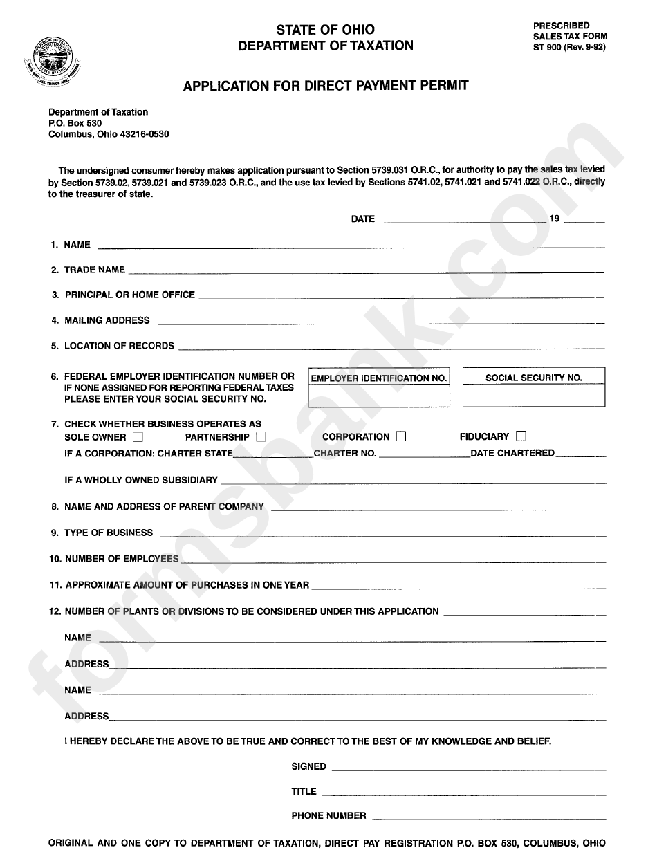 Form St 900 - Application For Direct Payment Permit