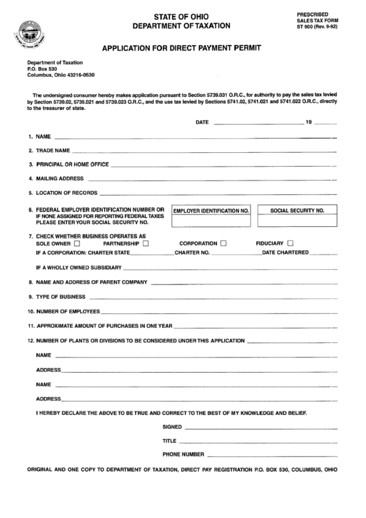 Form St 900 - Application For Direct Payment Permit Printable pdf