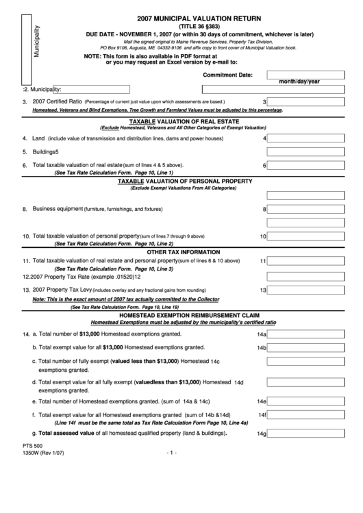 Form Pts 500 - 2007 Municipal Valuation Return printable pdf download