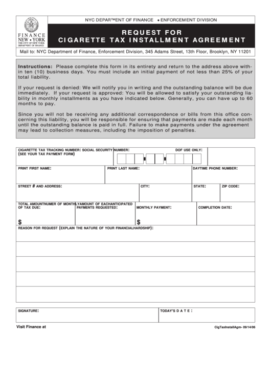 Request For Cigarette Tax Installment Agreement Form Printable pdf