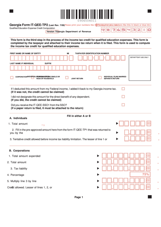 Form It-Qee-Tp2 - Taxpayer Of Georgia Printable pdf