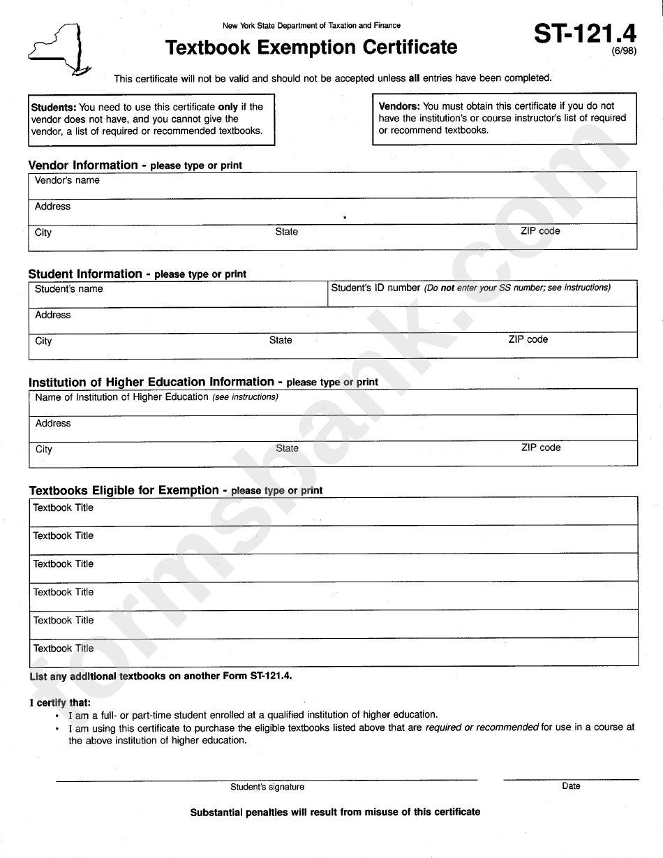 Form St-121.4 - Textbook Exemption Certificate