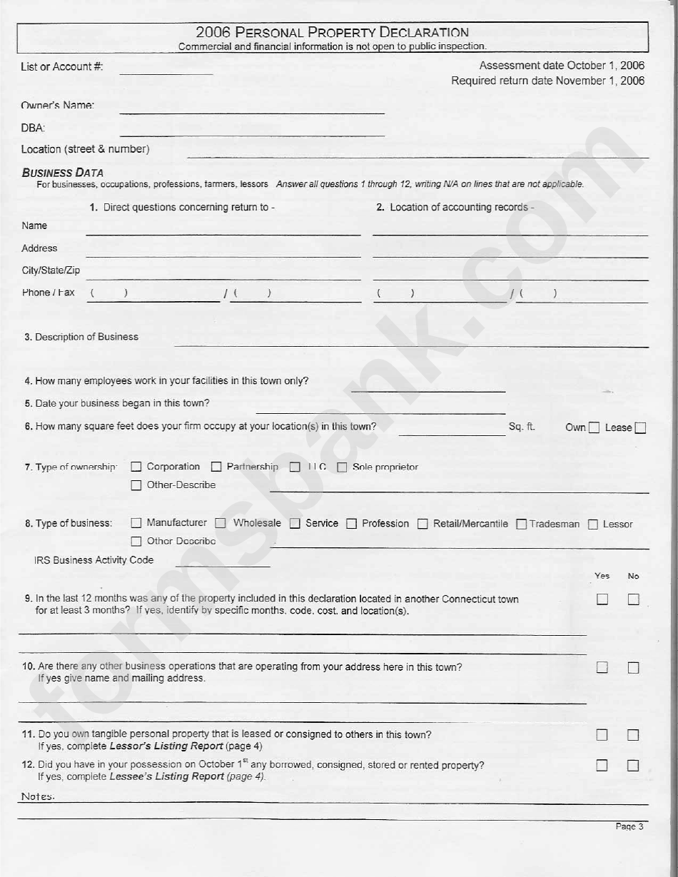 Personal Property Declaration Form