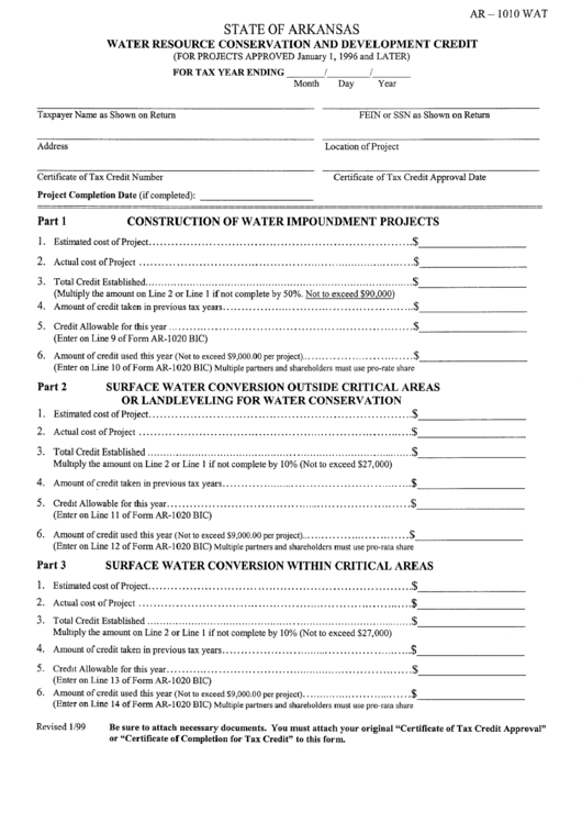 Form Ar-1010 Wat - Water Resource Conservation And Development Credit Printable pdf