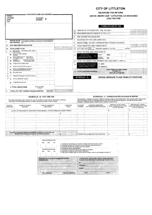 Sales And Use Tax Return Form - City Of Littleton Printable pdf