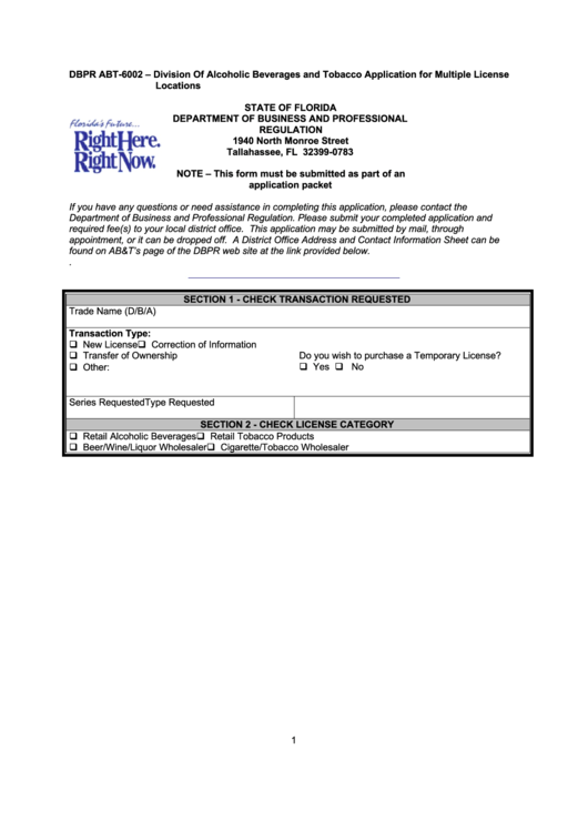 Form Dbpr Abt-6002 - Examination Application For Multiple License Locations Printable pdf