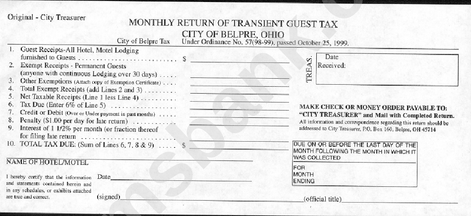 Monthly Return Of Transient Guest Tax Form