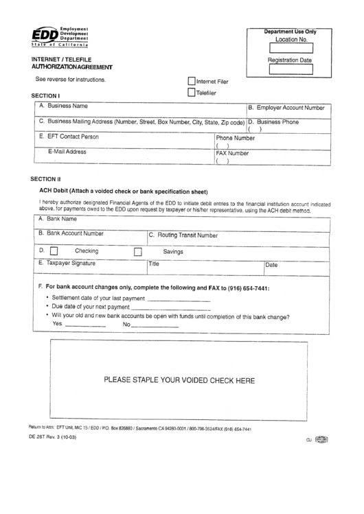 Form De 26t - Internet / Telefile Authorization Agreement Printable pdf