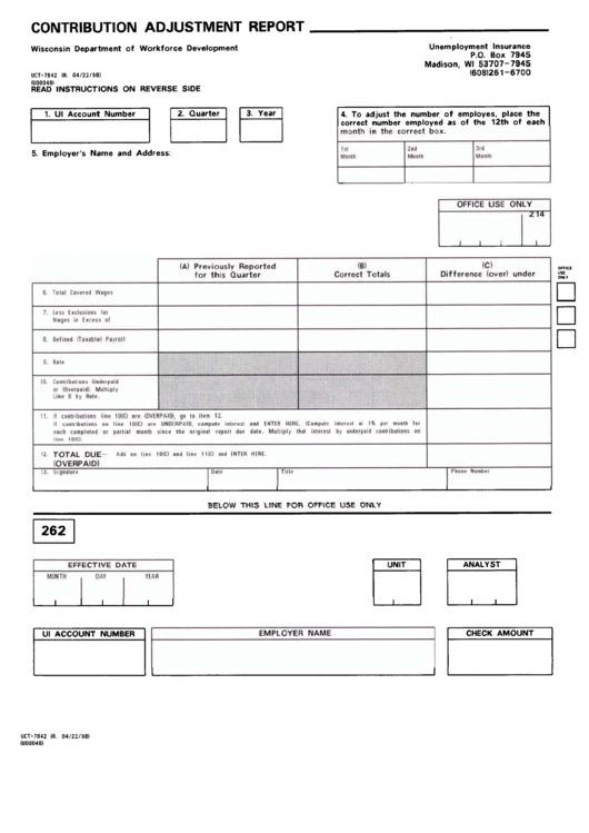 Form Uct-7842 - Contribution Adjustnebt Report Printable pdf