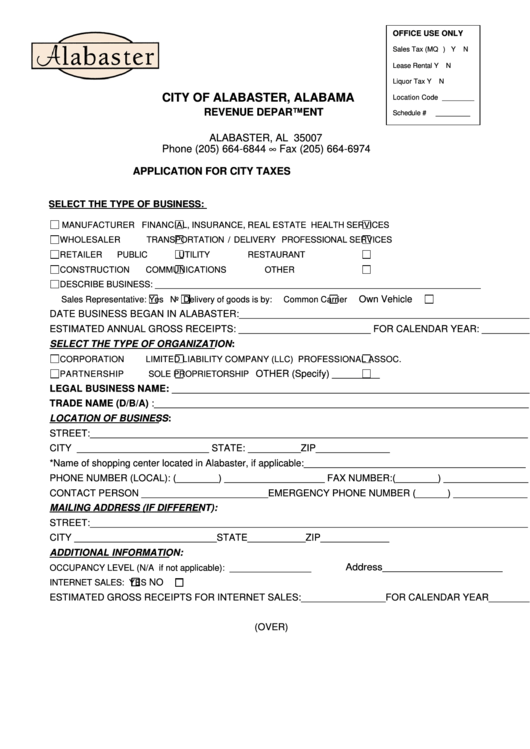 Fillable Application For City Taxes Form - State Of Alabama Printable pdf