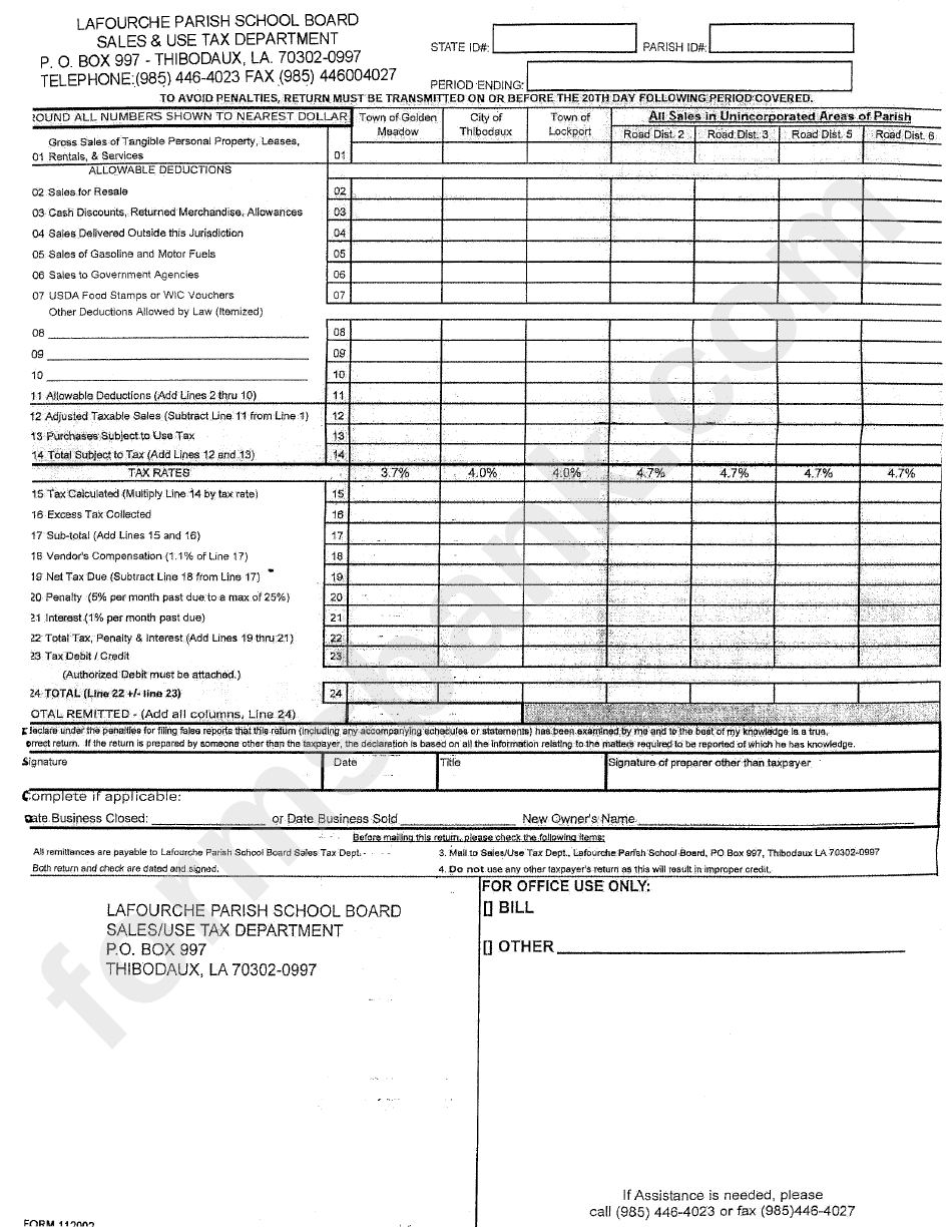 Sales / Use Tax Report Form - Lafourche Parish School Board