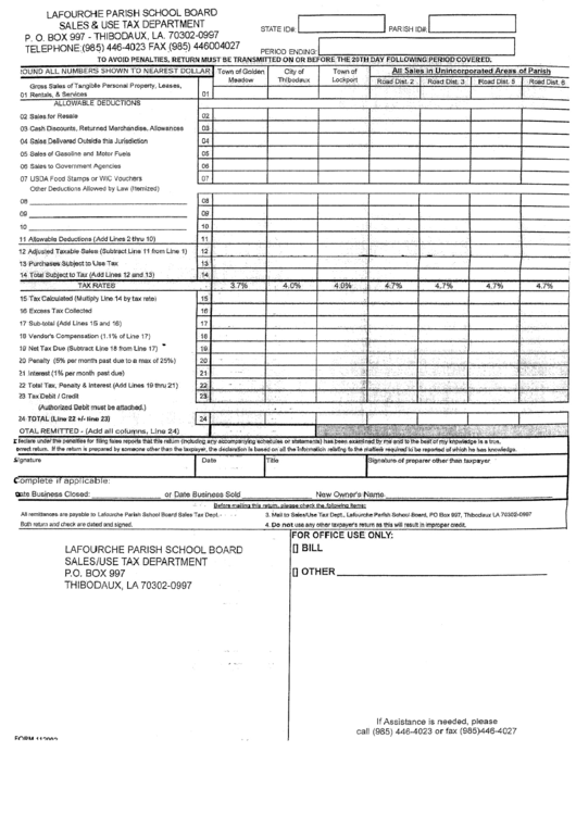 Sales / Use Tax Report Form - Lafourche Parish School Board Printable pdf