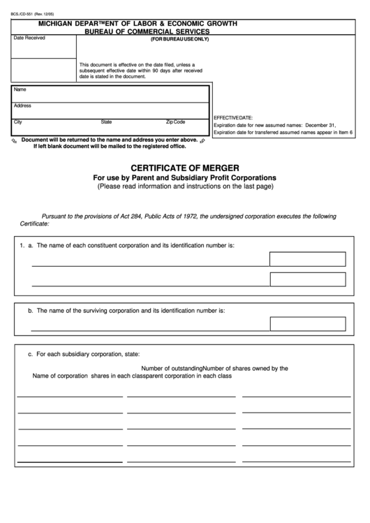 Fillable Form Bcs./cd-551 - Certificate Of Merger For Use By Parent And Subsidiary Profit Corporations Printable pdf