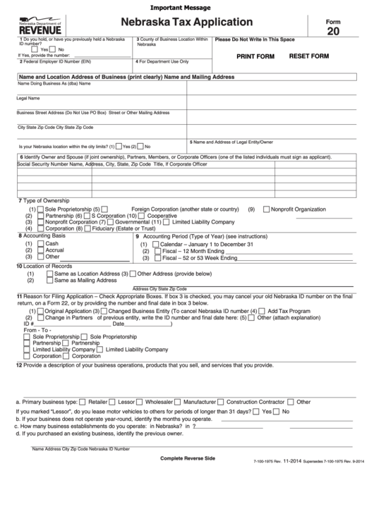 Fillable Form 20 - Tax Application Form - State Of Nebraska - 2014 Printable pdf