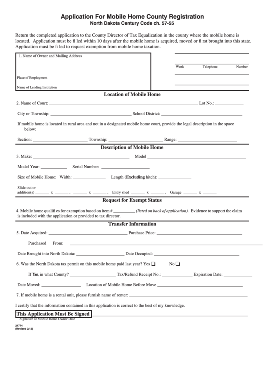Fillable Application For Mobile Home County Registration Form Printable pdf