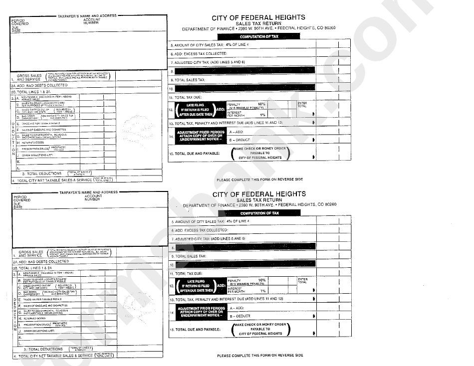 Sales Tax Return Form - City Of Federal Heights