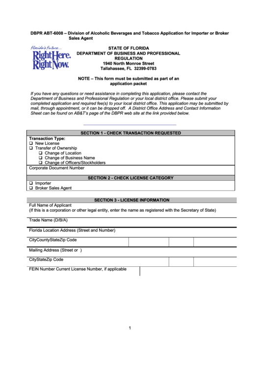 Form Dbpr Abt-6008 - Application For Importer Or Broker Sales Agent Printable pdf