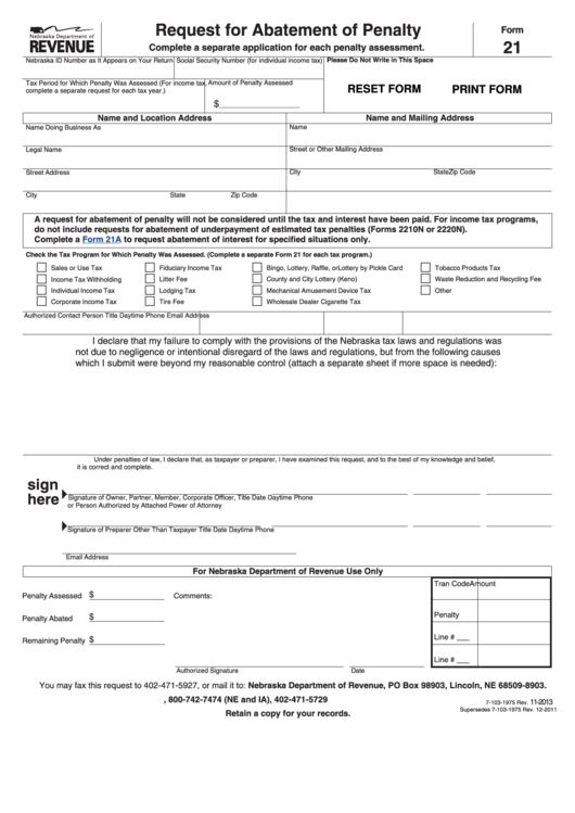 Fillable Form 21 - Request For Abatement Of Penalty Form - State Of Nebraska Printable pdf
