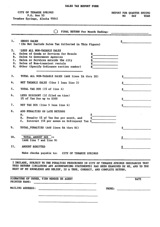 Sales Tax Report Form - City Of Tenakee Springs Printable pdf