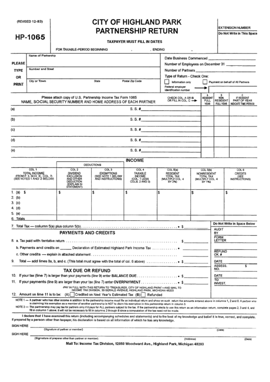 Form Hp-1065 - Form For Taxable Period Beginning - City Of Highland Park Printable pdf