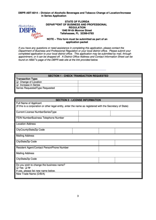 Form Dbpr Abt-6014 - Application For Location/increase In Series Printable pdf