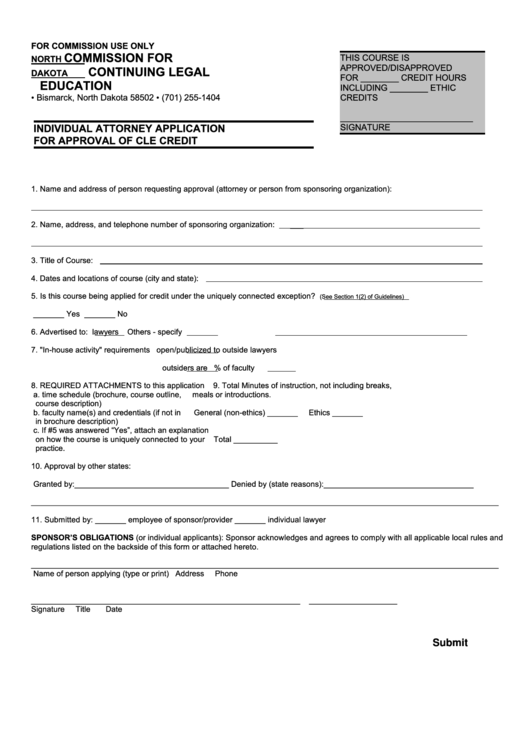 Fillable Individual Attorney Application For Approval Of Cle Credit Form - Commission For Continuing Legal Education Printable pdf