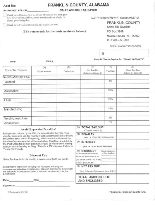 Sales And Use Tax Report Form - Franklin County