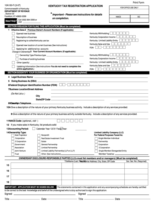 Form 10a100-Fi - 2007 - Kentucky Tax Registration Application - Kentucky Department Of Revenue Printable pdf