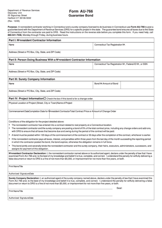 Form Au-766 - Guarantee Bond Form Printable pdf