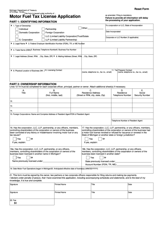 Fillable Form 3712 - Motor Fuel Tax License Application Printable pdf