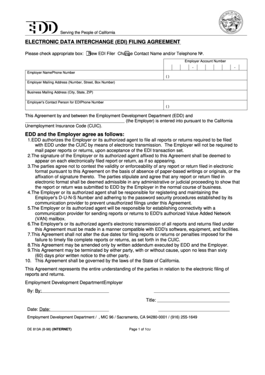 Form De 813a - Electronic Data Interchange (Edi) Filing Agreement Printable pdf