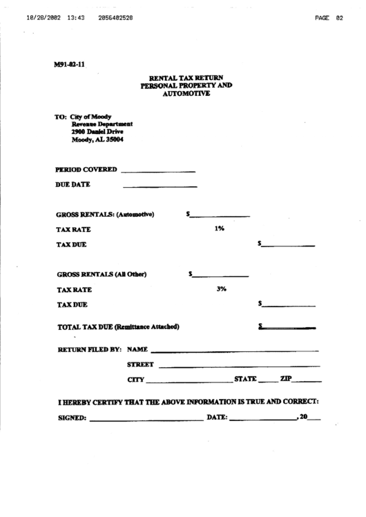 Rental Tax Return, Personal Property And Automotive Form - City Of Moody Printable pdf