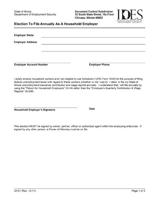 Form Ui-51 - Election To File Annually As A Household Employer Printable pdf