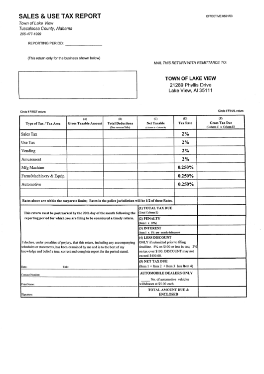 Sales And Use Tax Report Form - Town Of Lake View Printable pdf