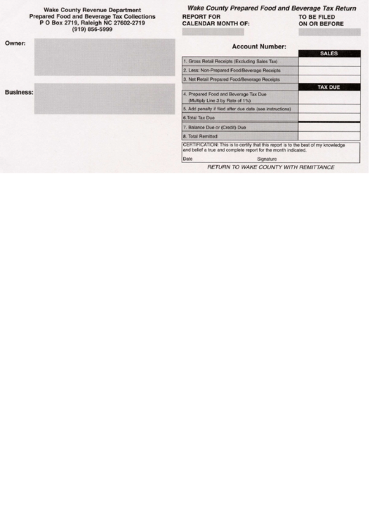 Wake County Prepared Food And Beverage Tax Return Form Printable pdf